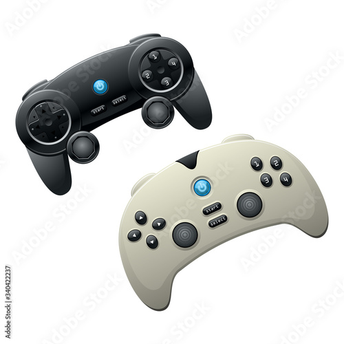 Set of two realistic video game controllers. Can represent modern technology, online gaming, two players, wireless gamepads, gadget mockups, electronics, accessories and toys.
