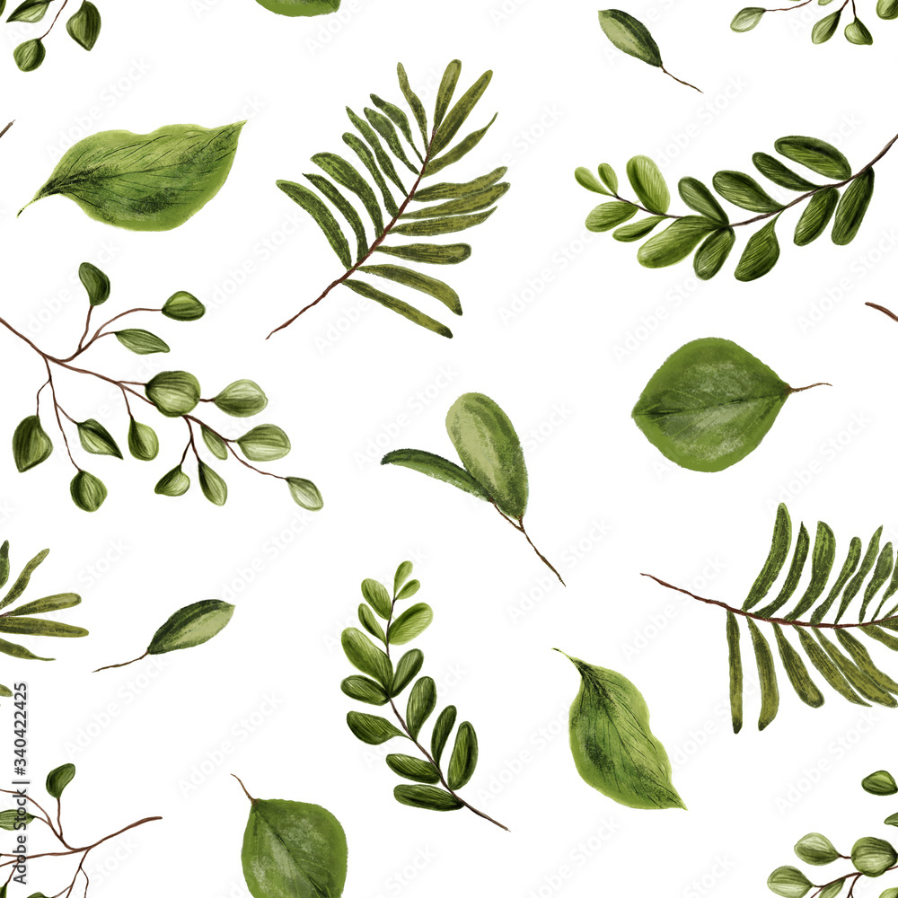 Naklejka premium Seamless watercolor pattern with green branches and leafs on white background. Herbs for cosmetics, package, textile, cards