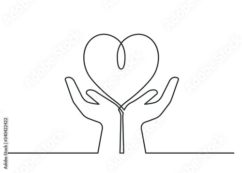 Continuous line drawing of heart between two  human hands meaning care and love.  Vector illustration