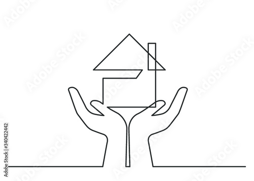 Continuous line drawing of   house between two human hands, meaning care and love. Vector illustration