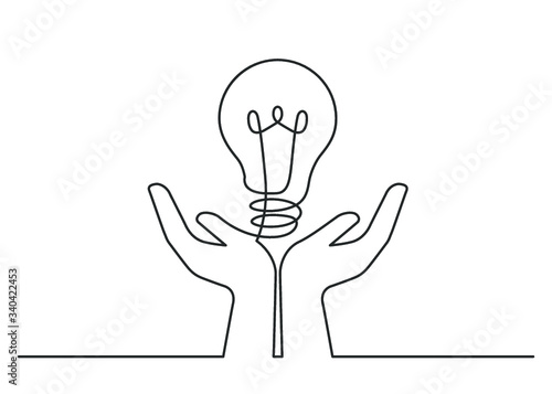 Continuous line drawing of lightbulb between two  human hands  as a symbol of ideas. Ceative problem solving. Result creative approach. Electric lamp in hand. Vector illustration