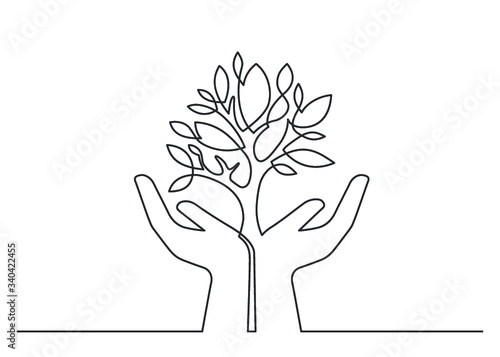 Continuous line drawing of growing plant between two  human hands meaning care and love. Vector illustration