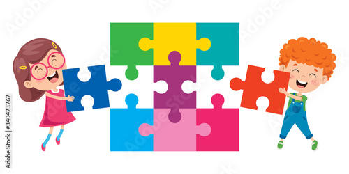 Kid Playing Colorful Jigsaw Puzzle