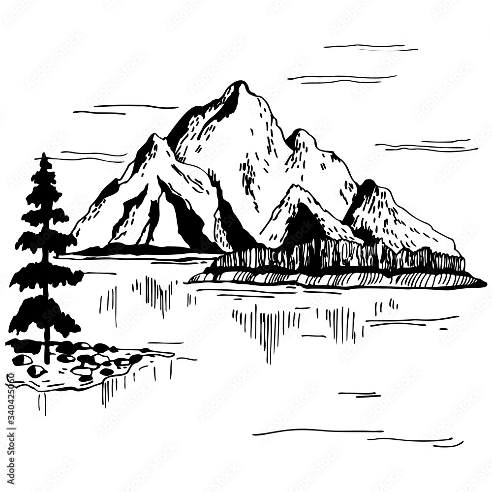 Hand drawn  landscape with mountains. Vector sketch  illustration.
