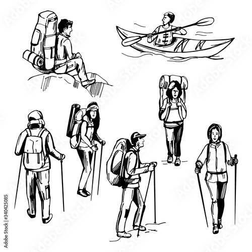 Hand drawn travelers with backpack. Hiking tourists. Kayak man. Vector sketch  illustration.