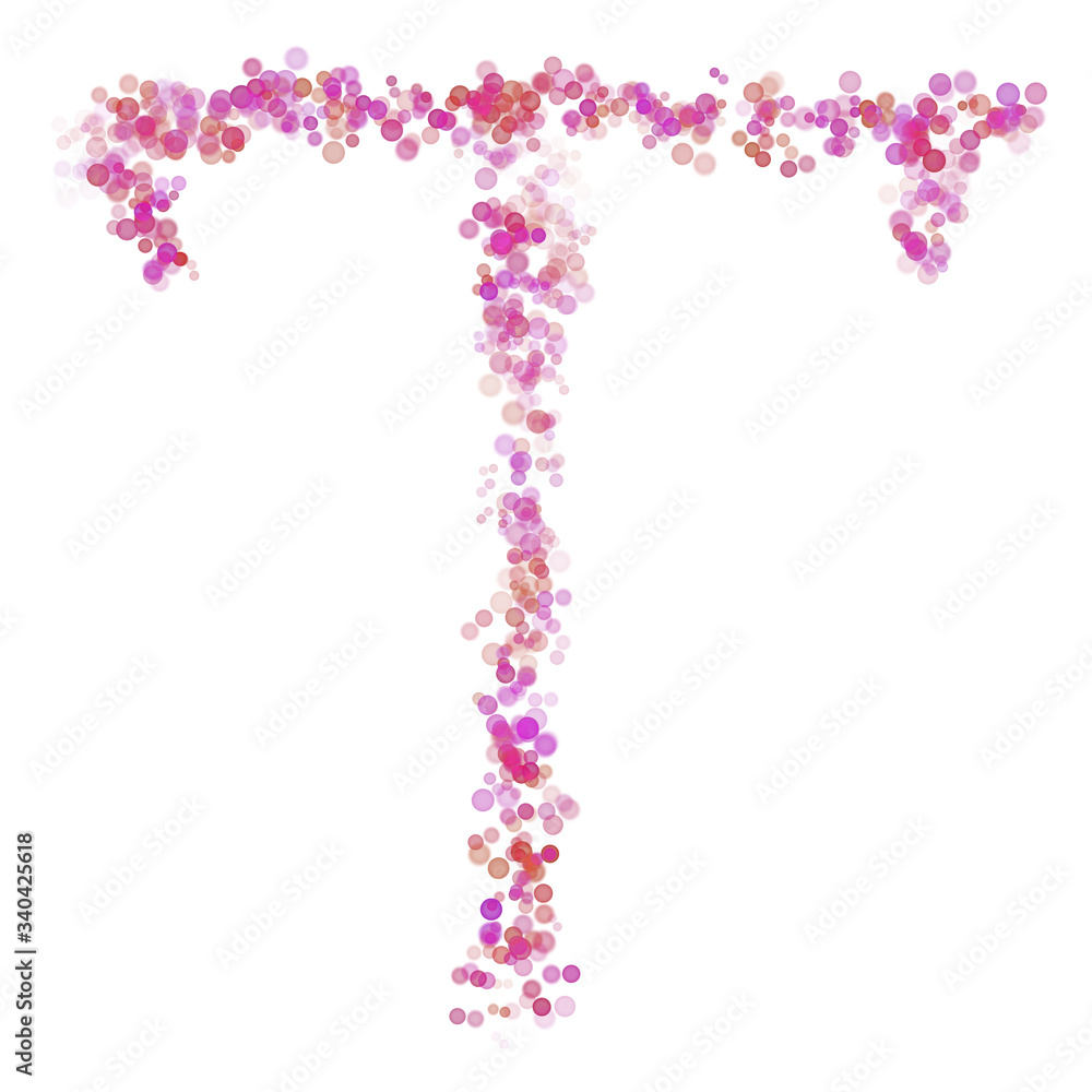 Letter T latin alphabet. Pink dot circles, shades of pink lilac. Lettering bubbles circles, hand drawing letter font. Beautiful color stylized type for design