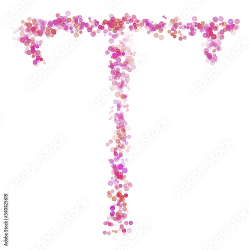 Letter T latin alphabet. Pink dot circles  shades of pink lilac. Lettering bubbles circles  hand drawing letter font. Beautiful color stylized type for design