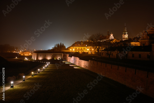 Night view of the fortifications of the Zamosc fortress (southeastern Poland). UNESCO World Heritage Site. In the past one of the biggest fortresses of the Polish-Lithuanian Commonwealth.