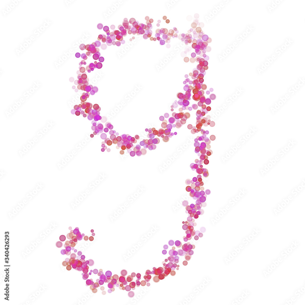 Number 9 alphabet. Pink circles dot hue pink. Lettering bubbles circles stylized letter font isolated on white. Beautiful color type number for design