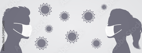 Man and woman wearing medical masks. Crowd of people protecting themselves against pandemic epidemic infection. Coron avirus - COVID-19, virus contamination, pollution, antivirus – stock vector