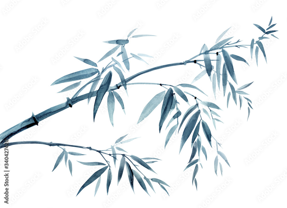 Bamboo tilted by the wind, watercolor illustration in oriental, chinese, japanese style on a white background, a symbol of endurance, longevity, happiness. - obrazy, fototapety, plakaty 