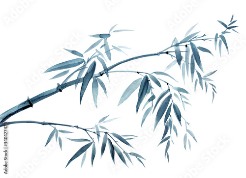 Bamboo tilted by the wind, watercolor illustration in oriental, chinese, japanese style on a white background, a symbol of endurance, longevity, happiness. © Ollga P