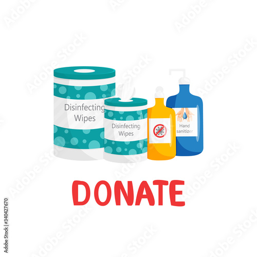 Vector illustration of antibacterial products isolated. Donation concept of disinfecting wipes and alcohol gel in cartoon flat style. Care yourself at home and public places. Design of PPE things