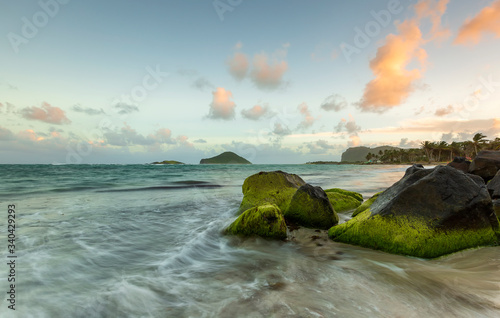 tropical paradise beach with white sand and coco palms travel tourism wide panorama background Luxury travel summer holiday background concept. photo