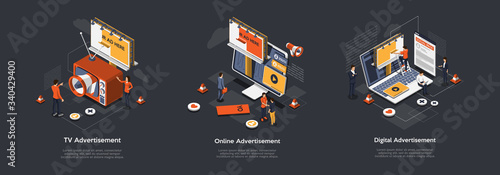 Isometric Digital Advertising And Technologies Concept. Strategies Of Different Ways And Types Of Advertisement. Managers Develop The Advertising Campaign on The Internet. Vector Illustrations Set
