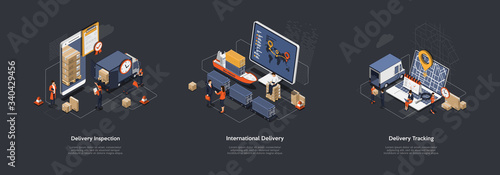 Isometric 3d International Worldwide Delivery And Global Logistics. Work Staff Process an Many Orders Of Delivery of a Large Consignment Maritime, Land And Railway Transport. Vector Illustrations Set