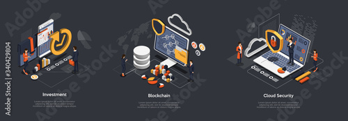Isometric Blockchain, Cloud Security And Investments Concept. People Provide Protection Of Data, Safe Of Investments, Cloud Services Of Hacker Attacks And Threats of Hacking. Vector Illustrations Set