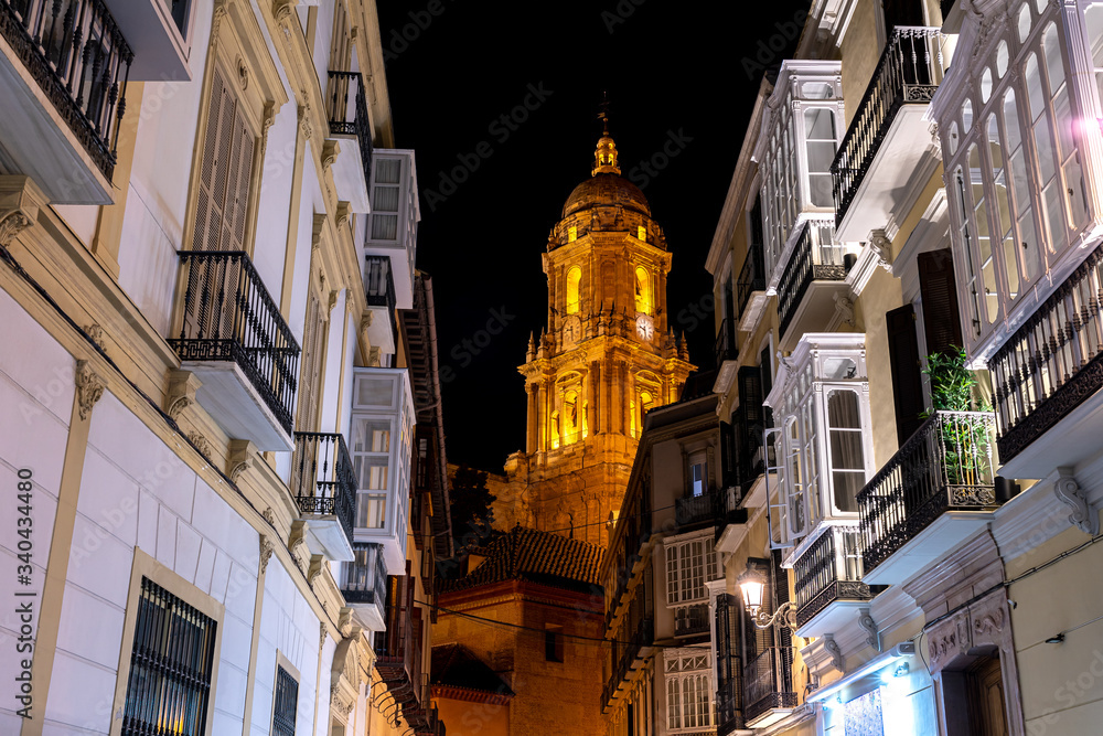 Night street view of The Cathedral of Malaga