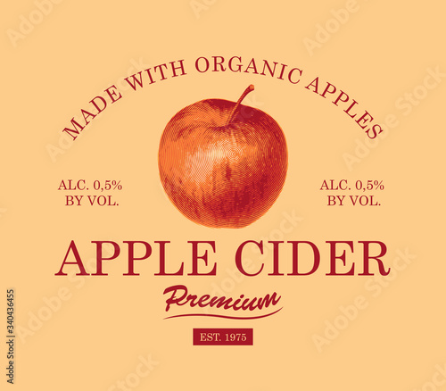 Vector label for Apple cider with a realistic image of a red Apple and inscriptions on a light background in retro style