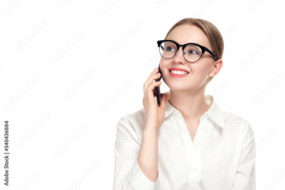 happy confident business woman talking on the mobile cell phone isolated on white.