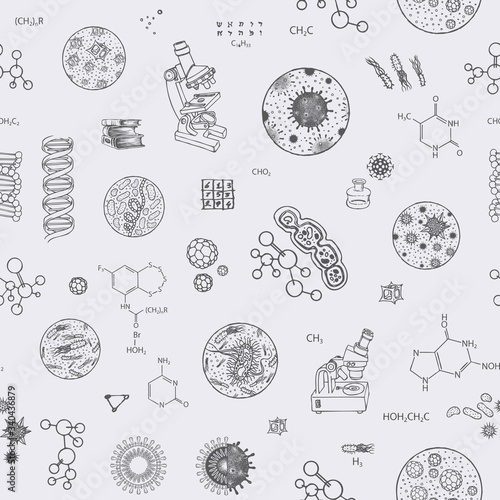 Vector seamless pattern on the theme of chemistry, biology, medicine, genetics. Black and white illustration with drawings and sketches in retro style. Suitable for wallpaper, wrapping paper, fabric