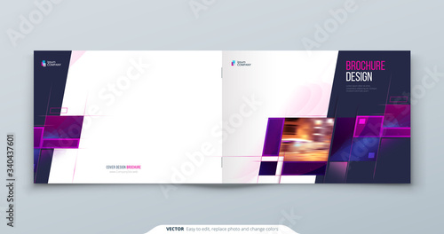 Purple Landscape Brochure Cover Template Layout Design. Corporate business annual report, catalog, magazine, flyer mockup. Creative modern bright cover concept with purple square shape