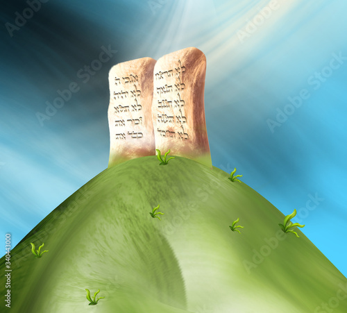 Slika na platnu לוחות הברית של משה, עם כיתוב בעברית של עשרת הדברות.