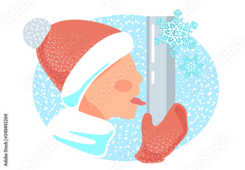 Tongue stick freeze to metal pole vector. Winter frostbite illustration. Funny joke, trick with iron stick. Boy stuck isolated caricature on white background. Snowy blue and red fun card