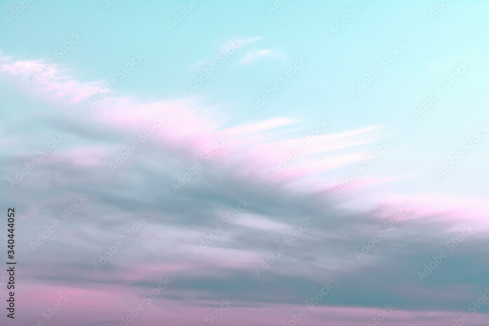 Blue sky with white and pink clouds that form a feather pattern. Concept landscape, abstraction.