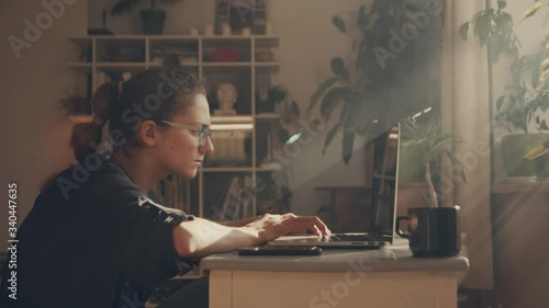 Business lady works at home, she looks confidently at a laptop and works. Sun glare from the window. Against the background of a bookcase.