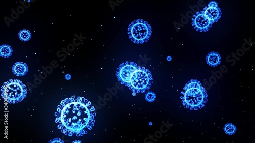 glowing holographic image of coronavirus like covid-19 virus or influenza virus flies in air or float on black background. 3D rendering for informational presentation.