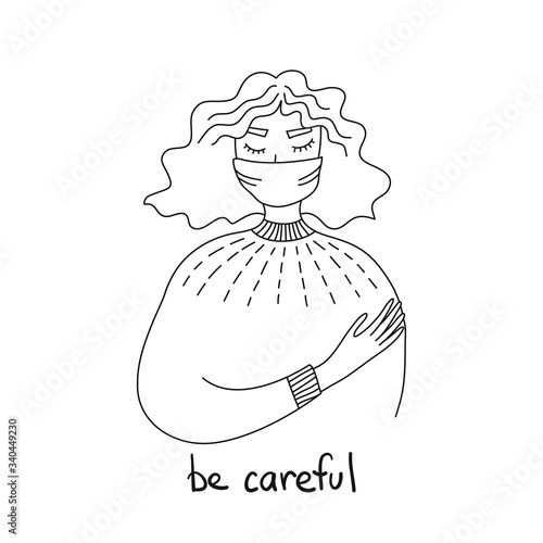 Woman in white medical face mask. Be carefull. Concept of coronavirus quarantine. Medical mask for prevent virus Covid-19.