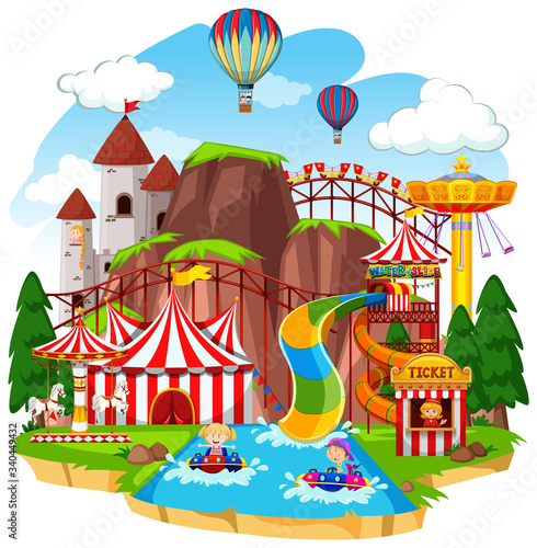 Themepark scene with many rides and waterslide