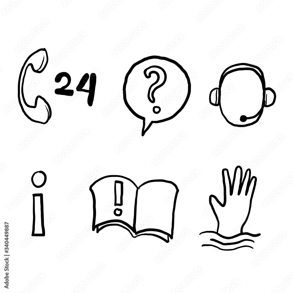 hand drawn Help and Support Related Vector Line Icons. Contains such Icons as Phone Assistant, Online Help, doodle style hand drawn Help and Support Related Vector Line Icons. Contains such Icons as Phone Assistant, Online Help, doodle style