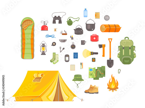 Set of Camping and Tourism Equipment. Hiking Outdoor Activity Elements Kit. Travel Gear Flat Vector Illustration. Backcountry Essentials icons