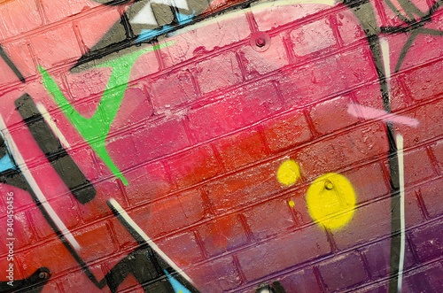 Abstract colorful fragment of graffiti paintings on old brick wall. Street-art composition with parts of wild letters and multicolored stains. Subcultural background texture photo