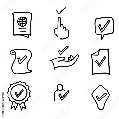 hand drawn Set of Approve Related Vector Line Icons. Contains such Icons as Protection Guarantee, Accepted Document, Quality Check. doodle