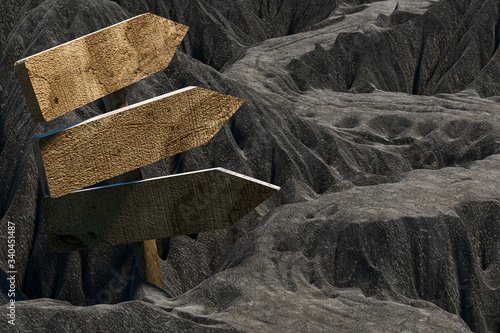 Fototapeta Naklejka Na Ścianę i Meble -  Empty wooden guide board and mountain road, 3d rendering.