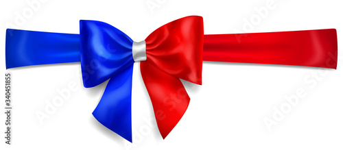 Big bow made of ribbon in France flag colors with shadow on white background