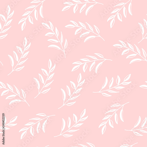 Hand drawn floral seamless pattern. Branches on blush pink background. Easy to edit vector template for textile, fabric, gift wrap, wedding invitation, etc.