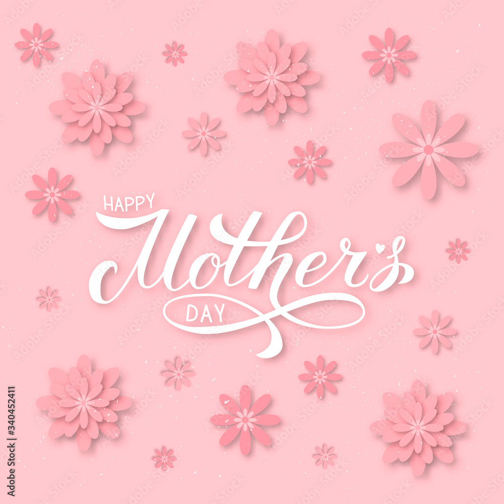 Happy Mother s Day calligraphy lettering with blush pink flowers. Origami paper cut style vector illustration. Vector template for Mothers day party invitations, greeting card, banner, flyer, poster.