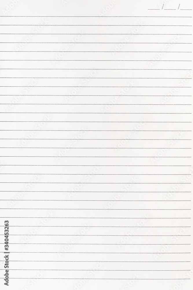 Exercise book paper page with lines, one page. Blank lined worksheet exercise book. Empty writing notebook paper sheet template. School and office stationery. Paper texture, closeup Exercise book paper page with lines, one page. Blank lined worksheet exercise book. Empty writing notebook paper sheet template. School and office stationery. Paper texture, closeup