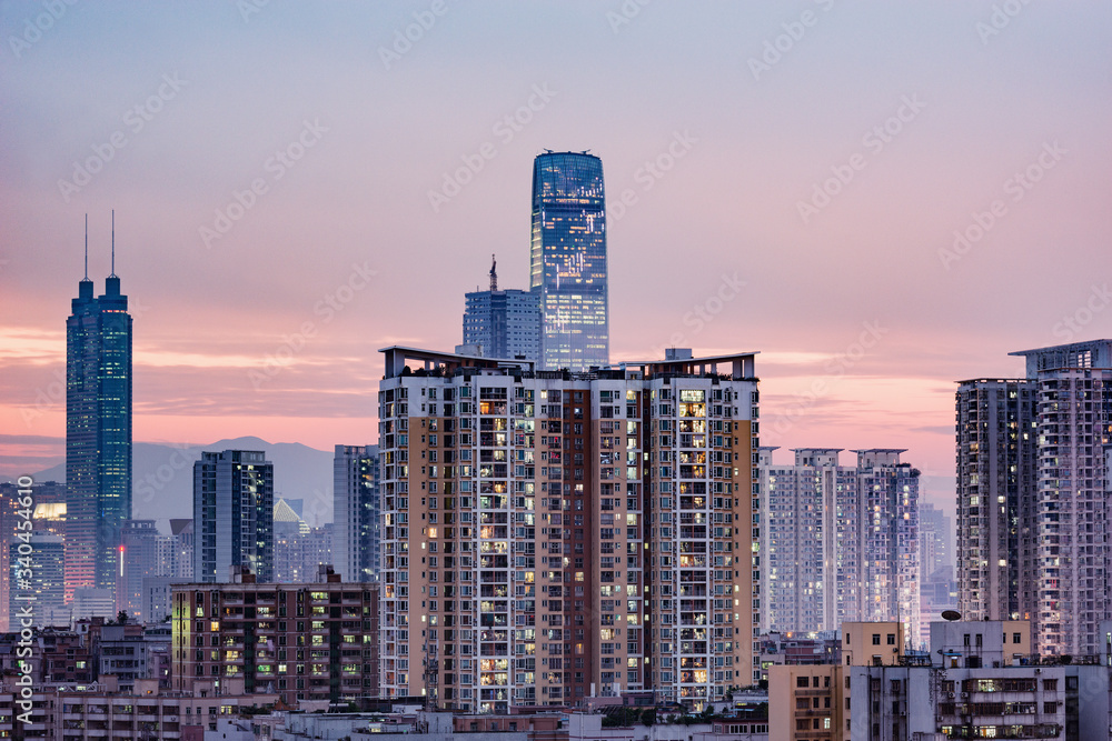 Obraz premium City district view at evening time. Shenzhen. China.