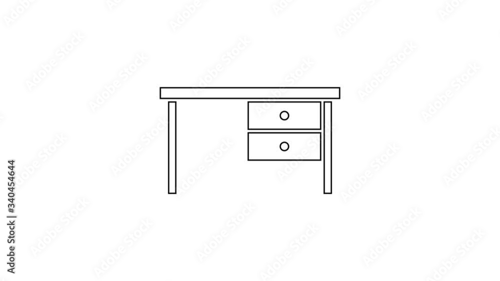 Black line Office desk icon isolated on white background. 4K Video motion graphic animation Black line Office desk icon isolated on white background. 4K Video motion graphic animation