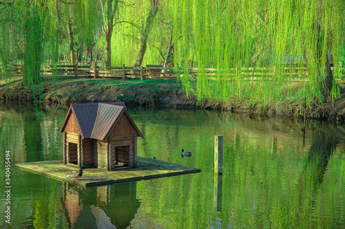 park outdoor spring scenic view lake reservoir with wooden cabin bird house float on water calm surface peaceful nature environment in April