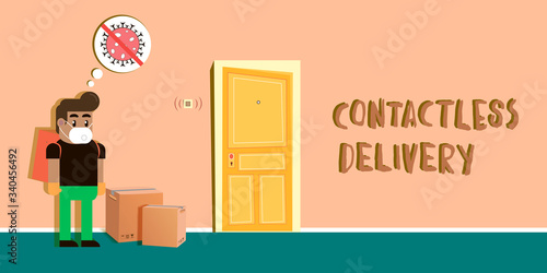 Contactless delivery service. Delivery of goods near the entrance to the apartment. Quarantine security concept. 