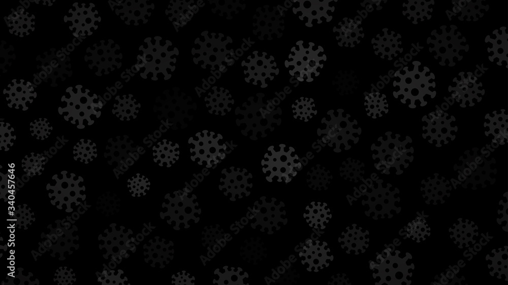 Background with symbols of virus, gray on black. Illustration on the coronavirus pandemic. Background with symbols of virus, gray on black. Illustration on the coronavirus pandemic.