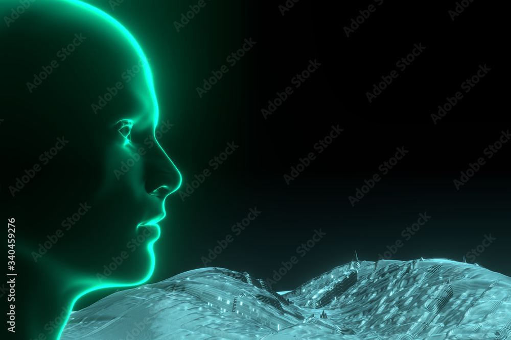 3D rendering illustration .Hacker artificial intelligence face hitech ...