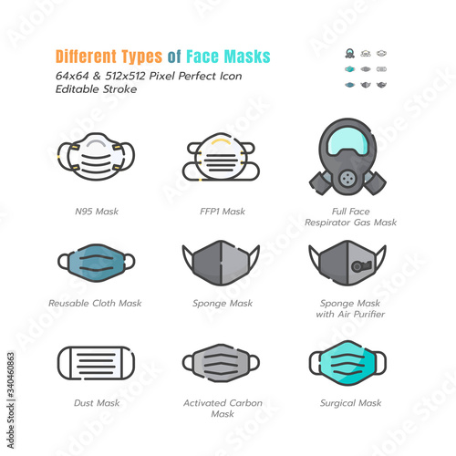 Different Type of Face Masks. Covid-19, Coronavirus Disease 2019 Prevention. N95, Surgical Mask and More. Filled Outline Icons Set. Editable Stroke. Vector illustration EPS 10.