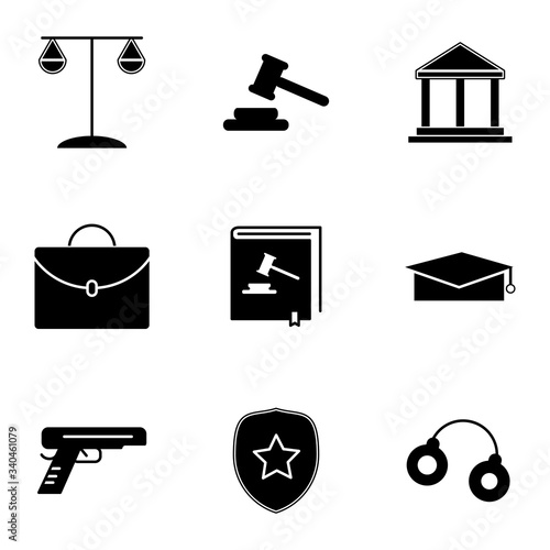 Law icon vector set glyph style. Set includes icons as Police, Law Book , briefcase, Judge gavel, Handcuff, gun,Law scales